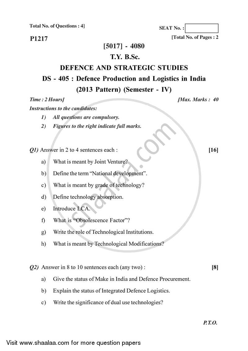 Management of Defence Production and Logistics in India 2016-2017 - B.Sc. - Semester 6 (TYBSc) - University of Pune question paper with PDF download