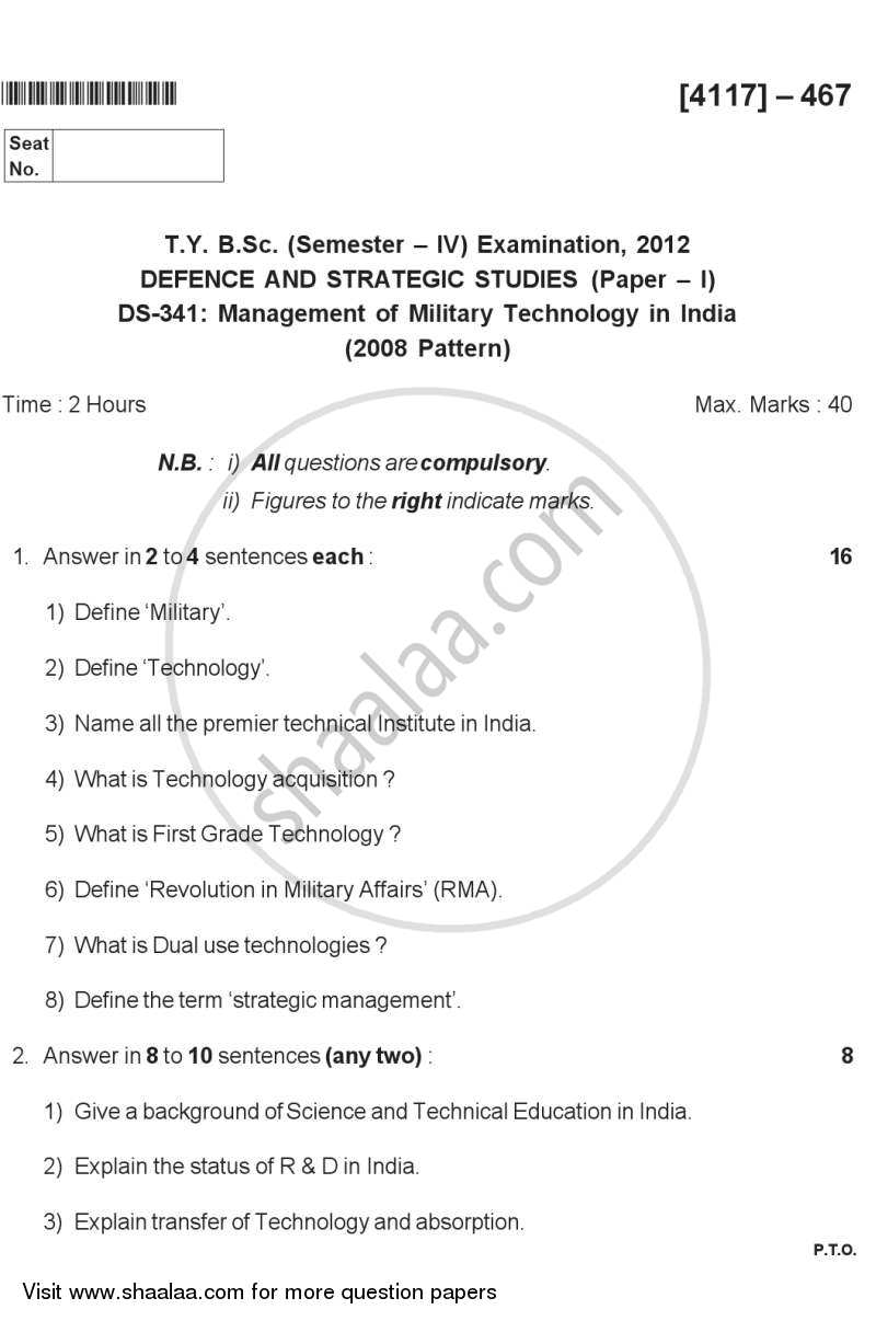 Management of Military Technology in India 2012-2013 - B.Sc. - Semester 6 (TYBSc) - University of Pune question paper with PDF download