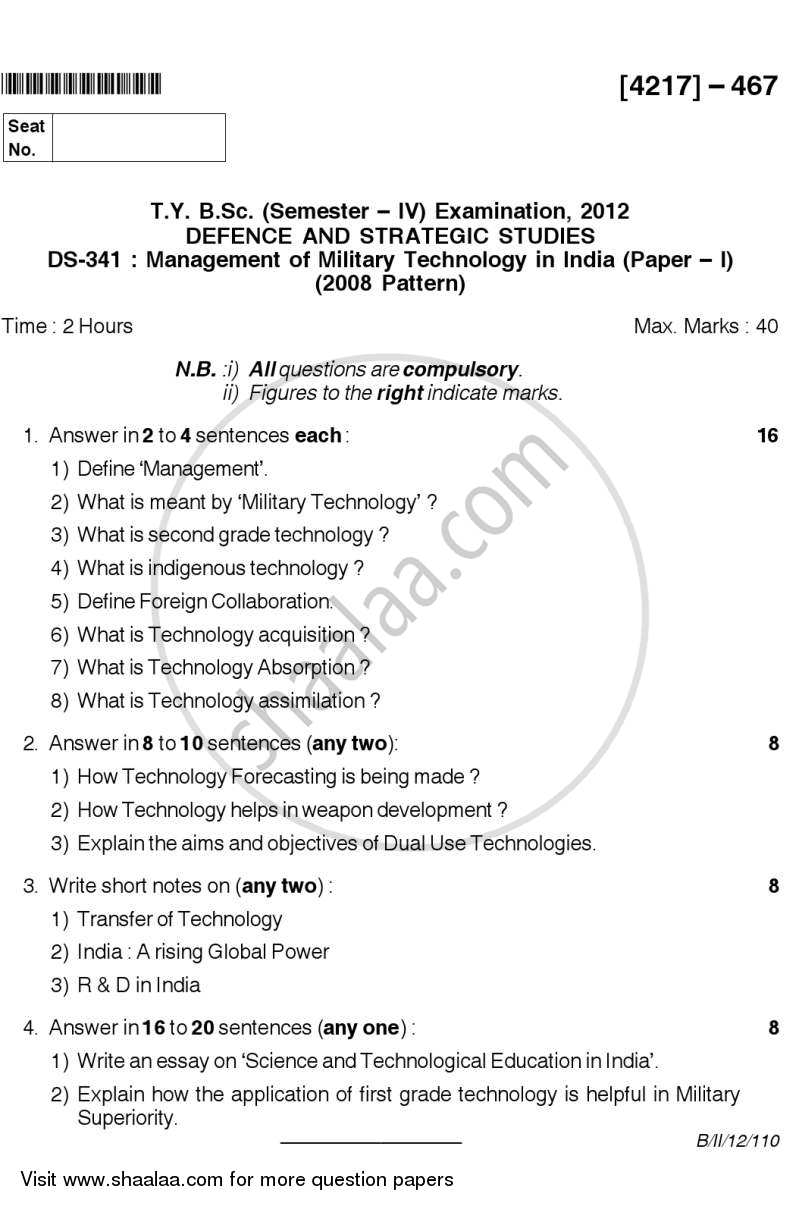 Management of Military Technology in India 2012-2013 - B.Sc. - Semester 6 (TYBSc) - University of Pune question paper with PDF download