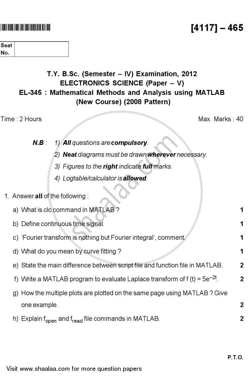 Mathematical Methods and Analysis using MATLAB 2012-2013 - B.Sc. - Semester 6 (TYBSc) - University of Pune question paper with PDF download