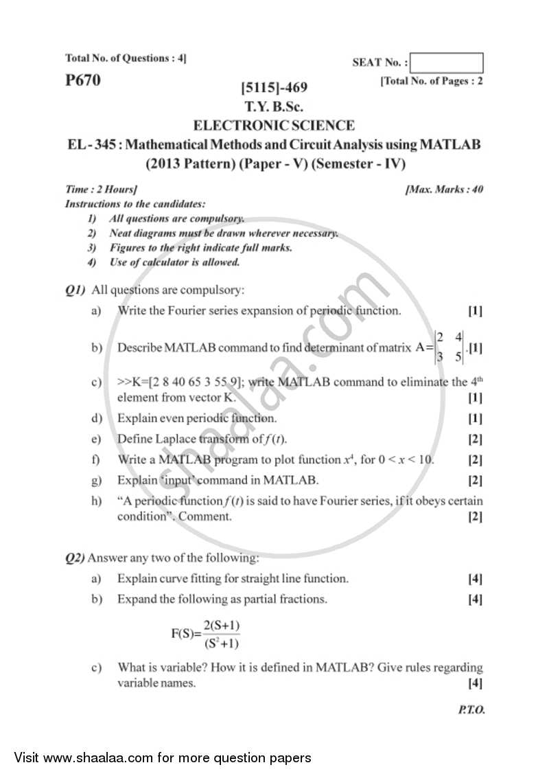 Mathematical Methods and Analysis using MATLAB 2016-2017 - B.Sc. - Semester 6 (TYBSc) - University of Pune question paper with PDF download