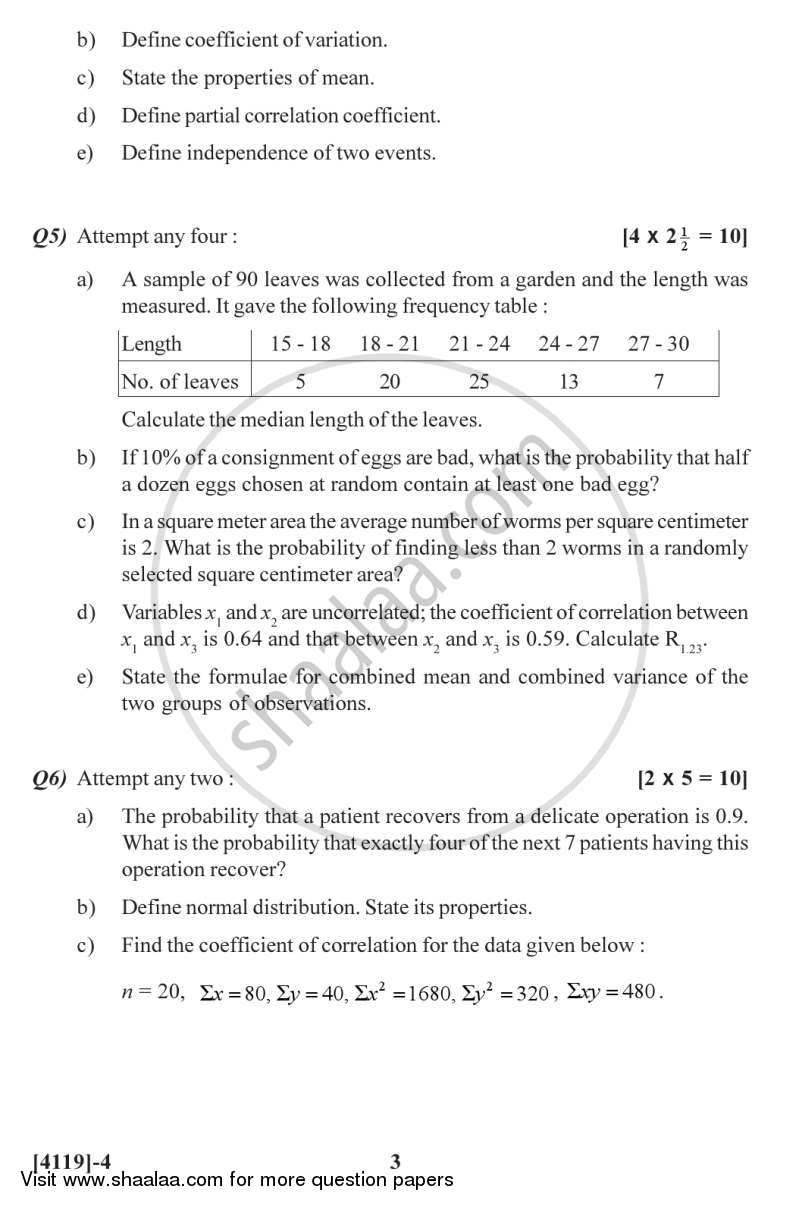 Mathematics and Statistical Methods for Biologists 2012-2013 - B.Sc. - Semester 2 (FYBSc) - University of Pune question paper with PDF download