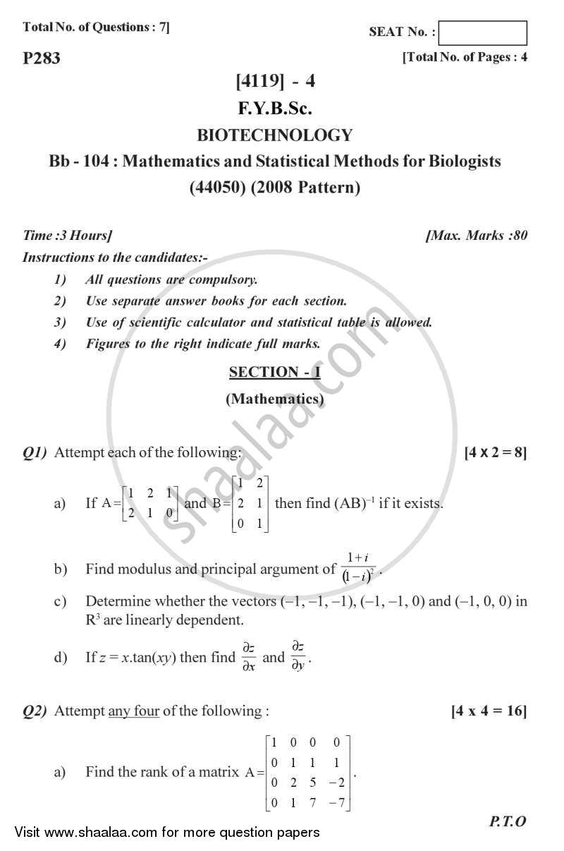 Mathematics and Statistical Methods for Biologists 2012-2013 - B.Sc. - Semester 2 (FYBSc) - University of Pune question paper with PDF download