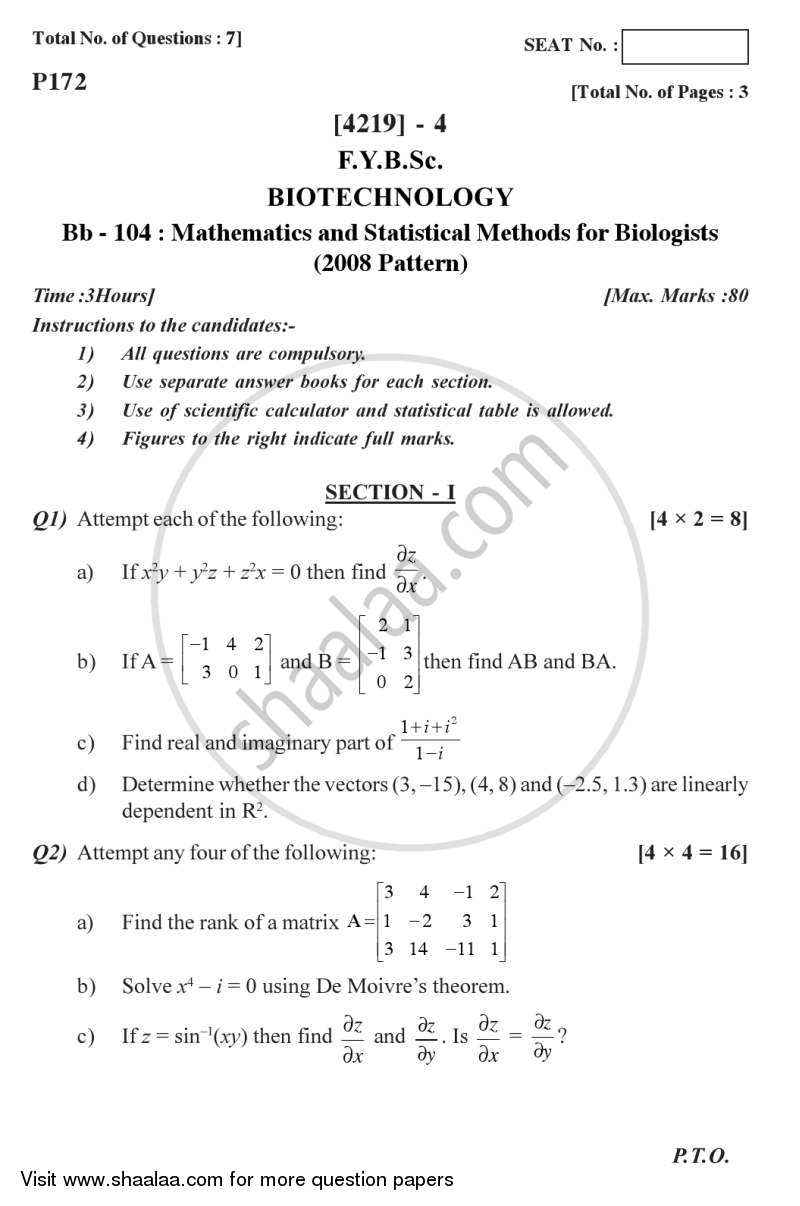 Mathematics and Statistical Methods for Biologists 2012-2013 - B.Sc. - Semester 2 (FYBSc) - University of Pune question paper with PDF download