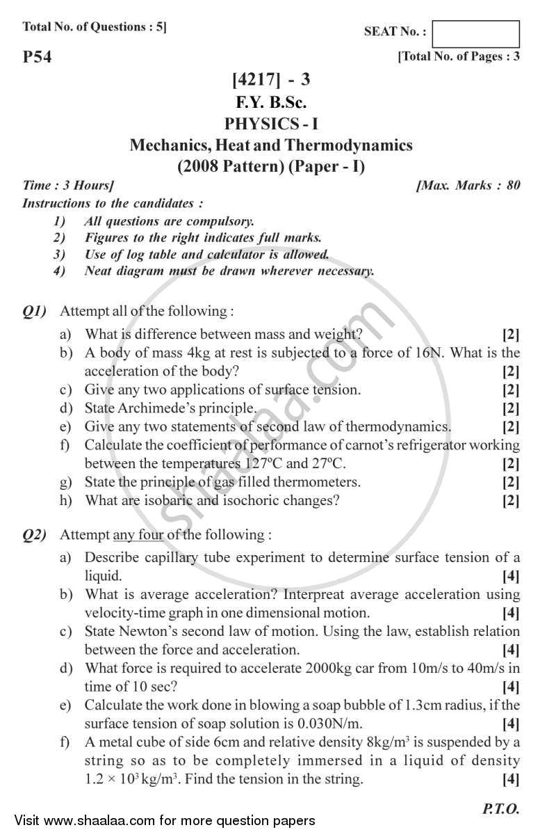 Mechanics, Heat and Thermodynamics 2012-2013 - B.Sc. - Semester 2 (FYBSc) - University of Pune question paper with PDF download