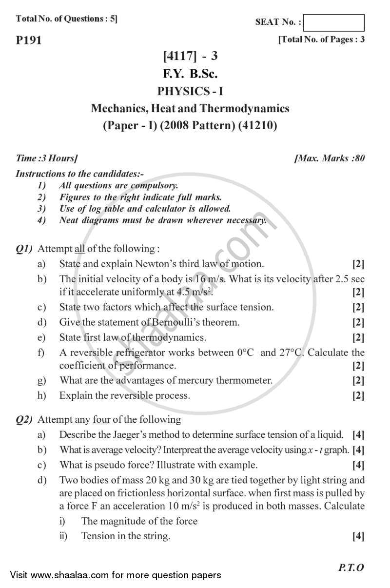 Mechanics, Heat and Thermodynamics 2012-2013 - B.Sc. - Semester 2 (FYBSc) - University of Pune question paper with PDF download