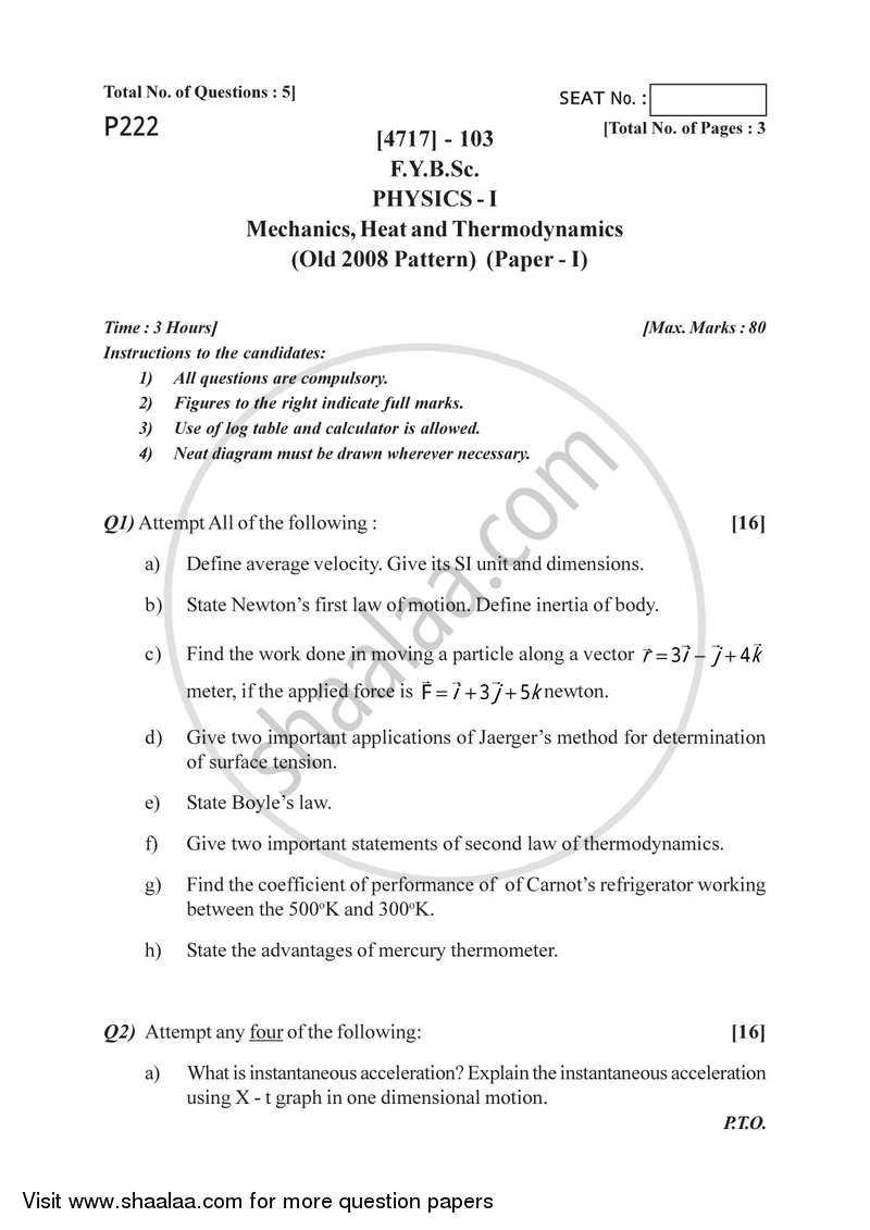 Mechanics, Heat and Thermodynamics 2014-2015 - B.Sc. - Semester 2 (FYBSc) - University of Pune question paper with PDF download
