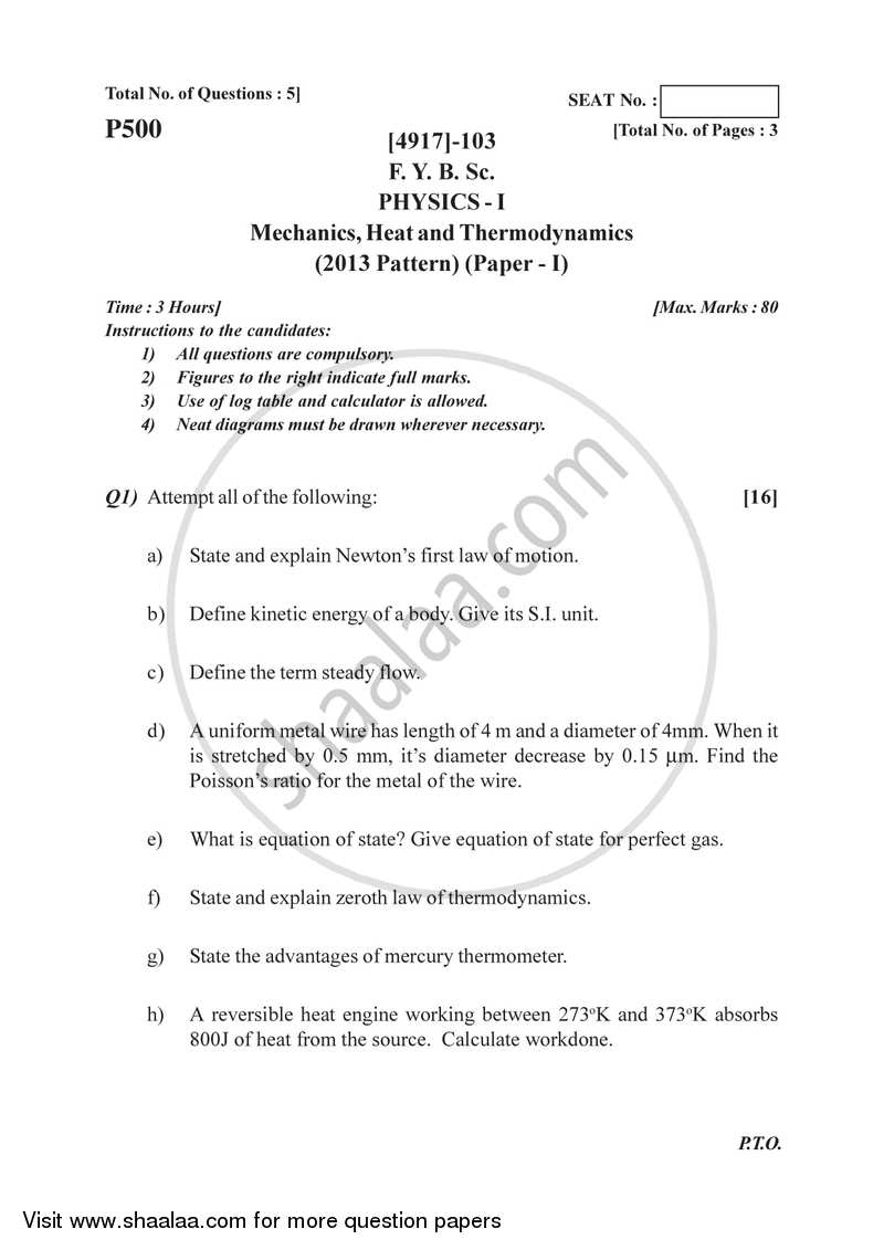 Mechanics, Heat and Thermodynamics 2015-2016 - B.Sc. - Semester 2 (FYBSc) - University of Pune question paper with PDF download