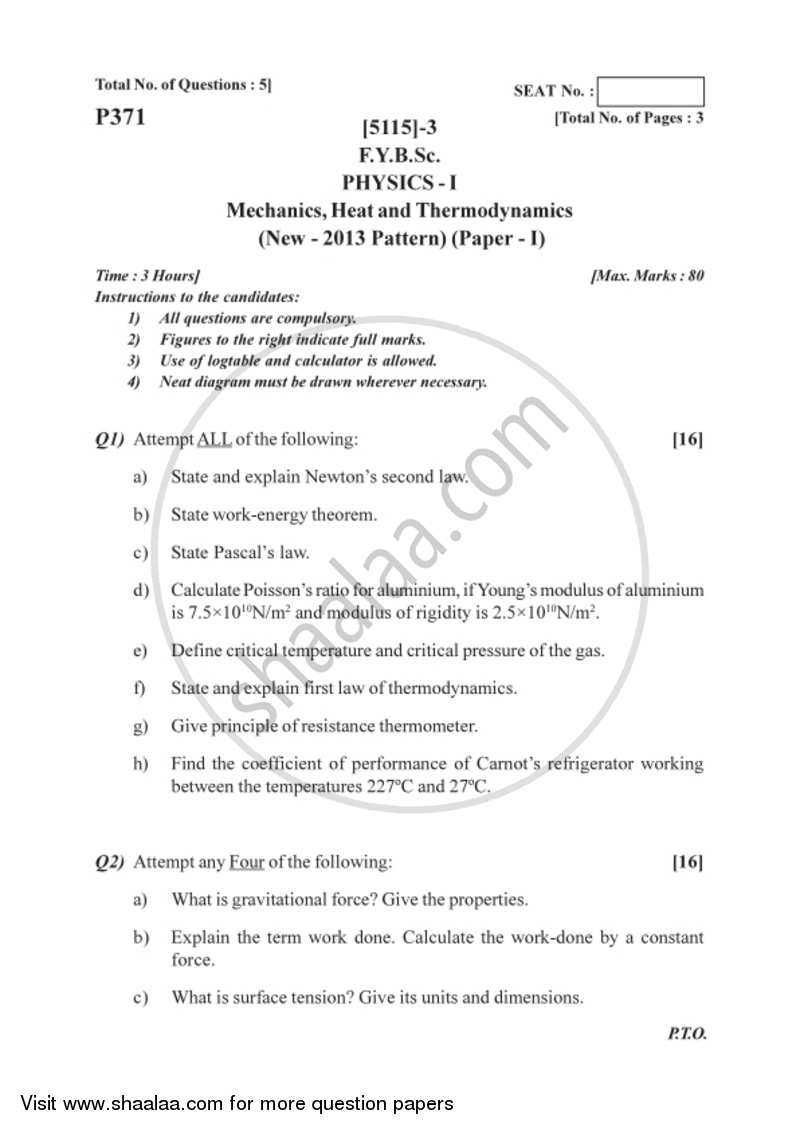 Mechanics, Heat and Thermodynamics 2016-2017 - B.Sc. - Semester 2 (FYBSc) - University of Pune question paper with PDF download