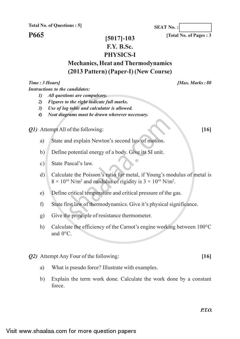 Mechanics, Heat and Thermodynamics 2016-2017 - B.Sc. - Semester 2 (FYBSc) - University of Pune question paper with PDF download