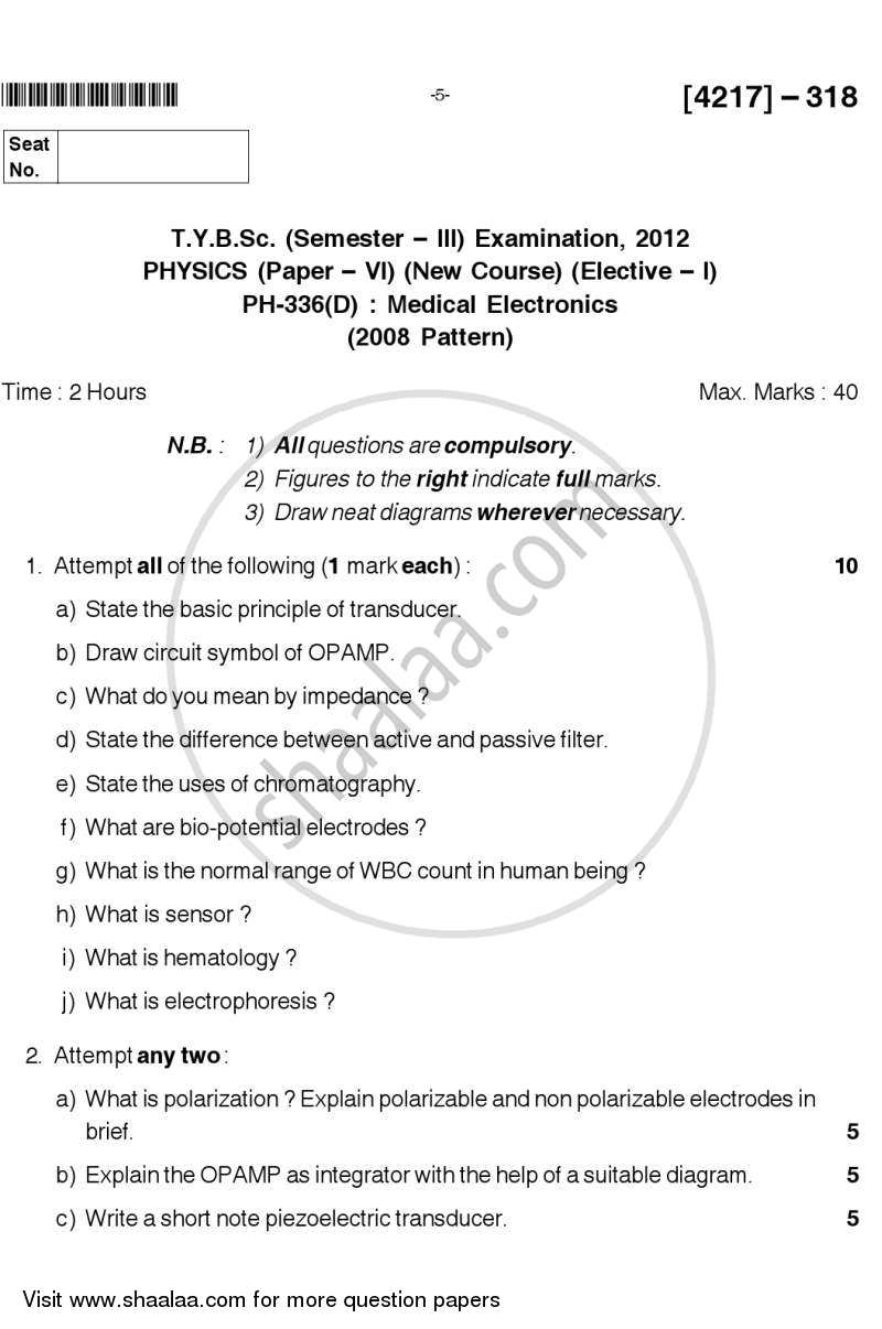 Medical Electronics 2012-2013 - B.Sc. - Semester 5 (TYBSc) - University of Pune question paper with PDF download