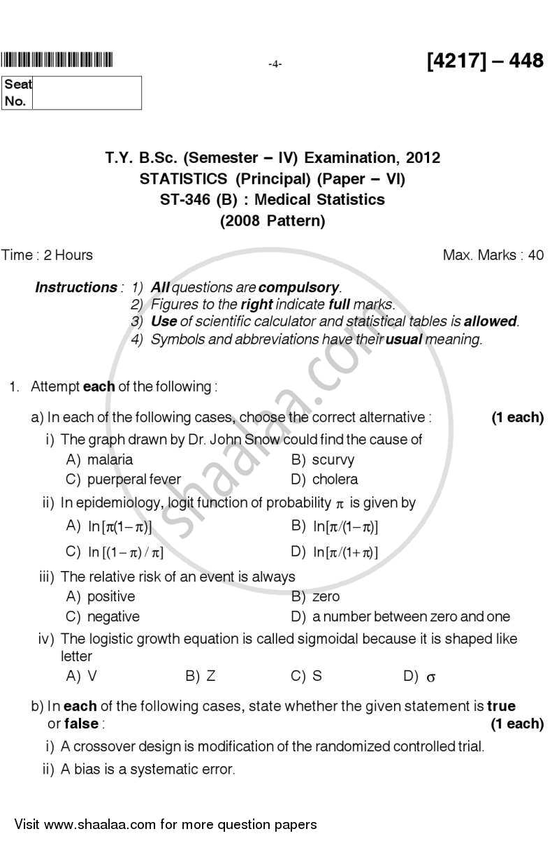Medical Statistics 2012-2013 - B.Sc. - Semester 6 (TYBSc) - University of Pune question paper with PDF download