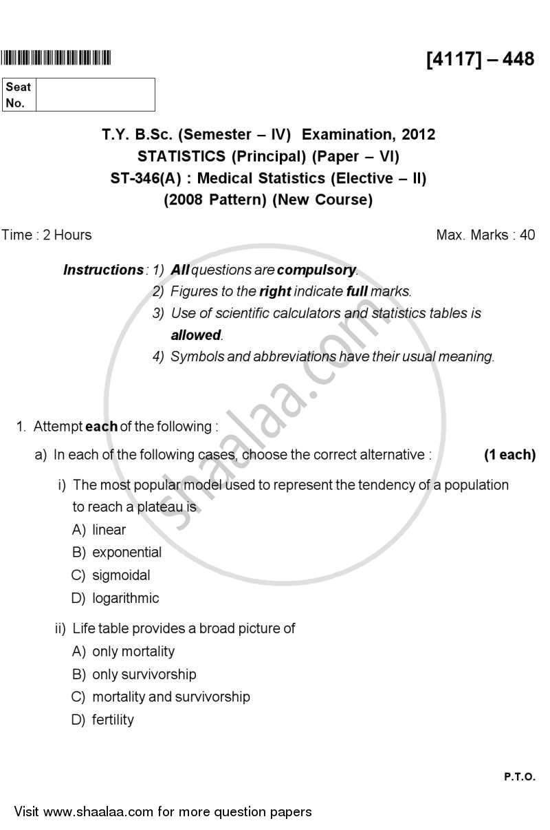 Medical Statistics 2012-2013 - B.Sc. - Semester 6 (TYBSc) - University of Pune question paper with PDF download