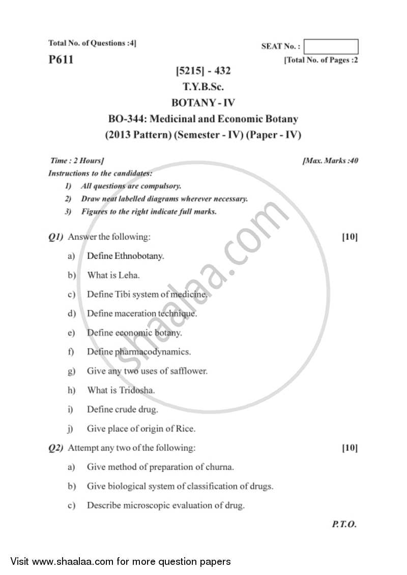 Medicinal and Economic Botany 2017-2018 - B.Sc. - Semester 6 (TYBSc) - University of Pune question paper with PDF download