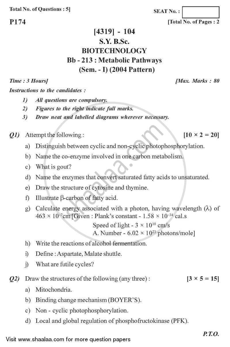 Metabolic Pathways 2013-2014 - B.Sc. - Semester 3 (SYBSc) - University of Pune question paper with PDF download
