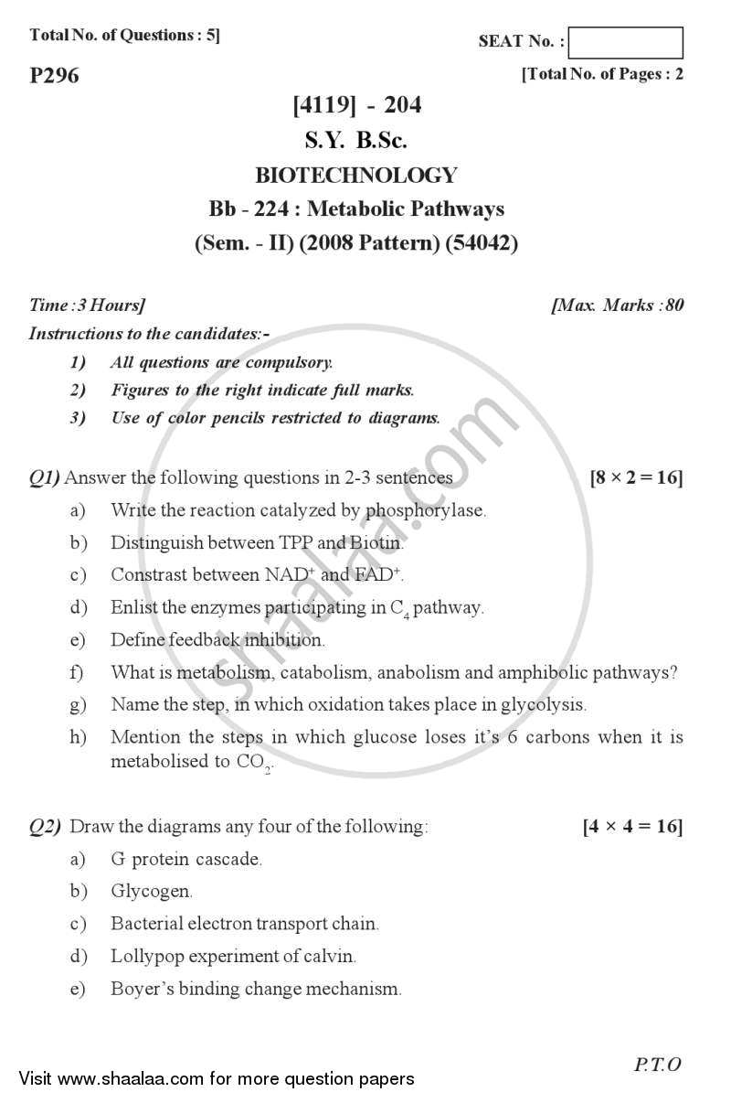 Metabolic Pathways 2012-2013 - B.Sc. - Semester 4 (SYBSc) - University of Pune question paper with PDF download