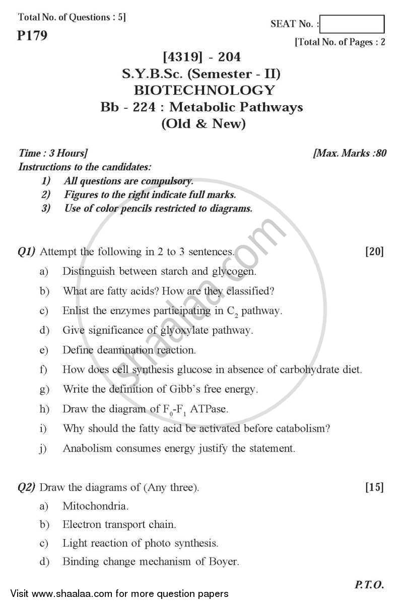 Metabolic Pathways 2013-2014 - B.Sc. - Semester 4 (SYBSc) - University of Pune question paper with PDF download