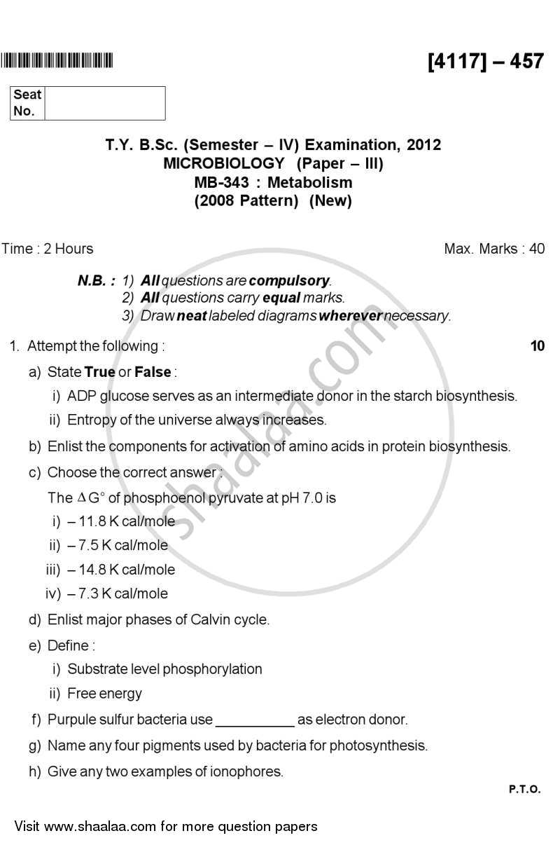 Metabolism 2012-2013 - B.Sc. - Semester 6 (TYBSc) - University of Pune question paper with PDF download