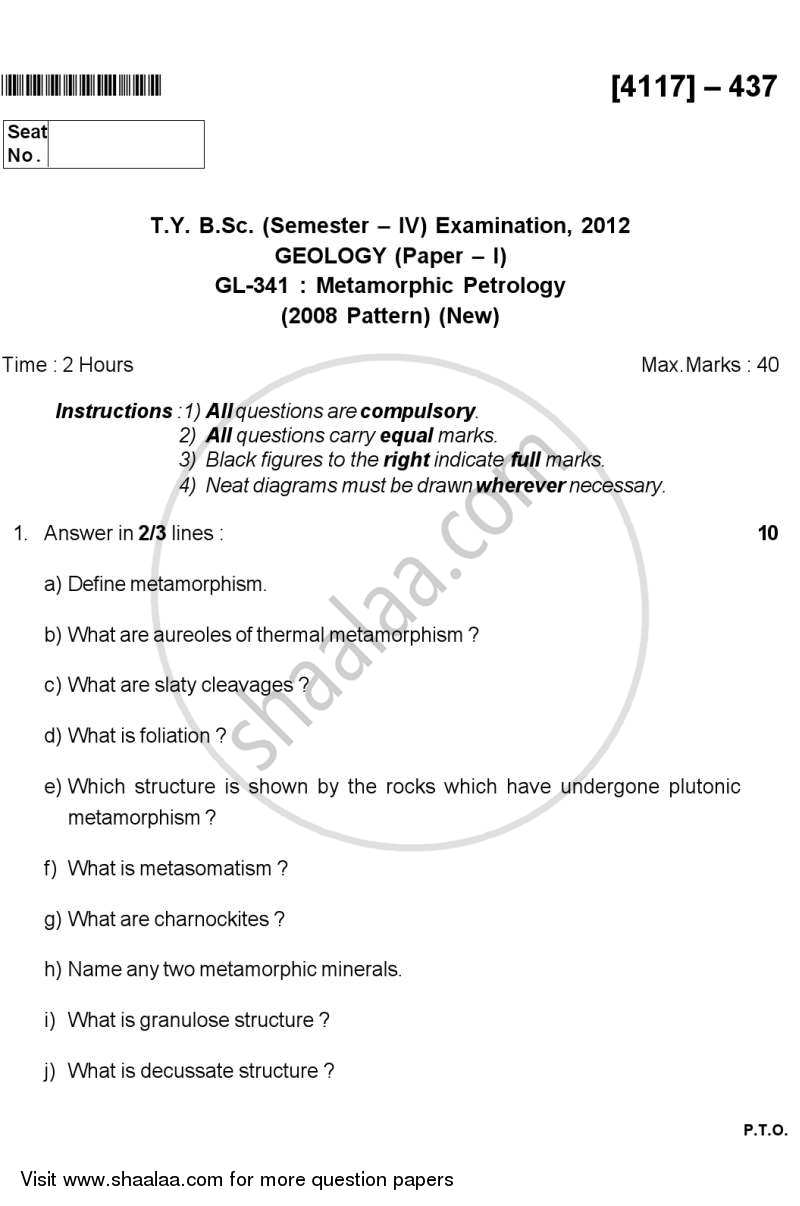 Metamorphic Petrology 2012-2013 - B.Sc. - Semester 6 (TYBSc) - University of Pune question paper with PDF download