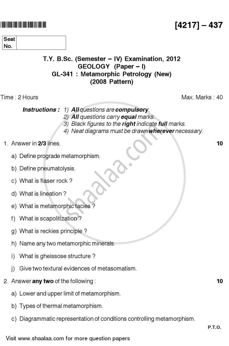 Metamorphic Petrology 2012-2013 - B.Sc. - Semester 6 (TYBSc) - University of Pune question paper with PDF download