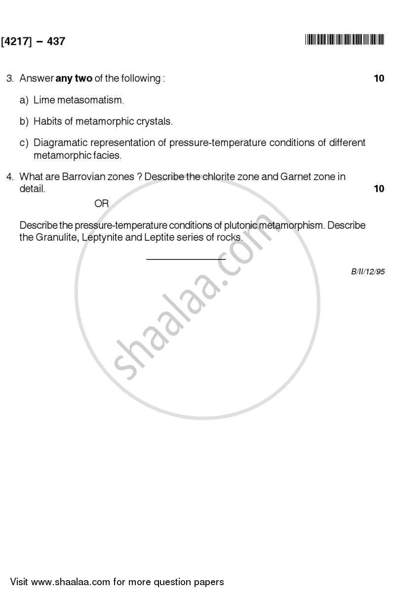 Metamorphic Petrology 2012-2013 - B.Sc. - Semester 6 (TYBSc) - University of Pune question paper with PDF download