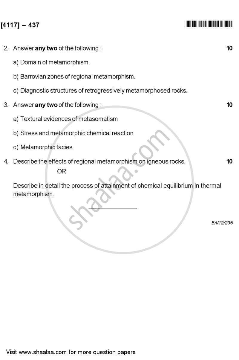Metamorphic Petrology 2012-2013 - B.Sc. - Semester 6 (TYBSc) - University of Pune question paper with PDF download