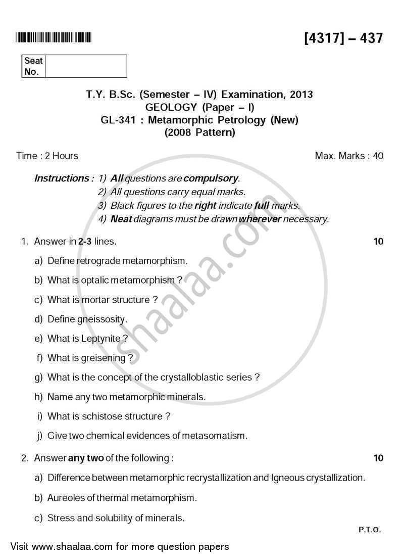 Metamorphic Petrology 2013-2014 - B.Sc. - Semester 6 (TYBSc) - University of Pune question paper with PDF download