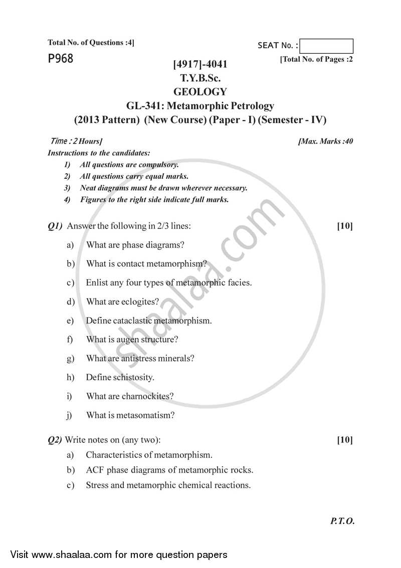 Metamorphic Petrology 2015-2016 - B.Sc. - Semester 6 (TYBSc) - University of Pune question paper with PDF download