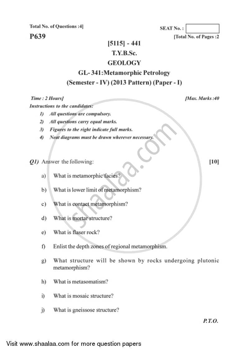 Metamorphic Petrology 2016-2017 - B.Sc. - Semester 6 (TYBSc) - University of Pune question paper with PDF download