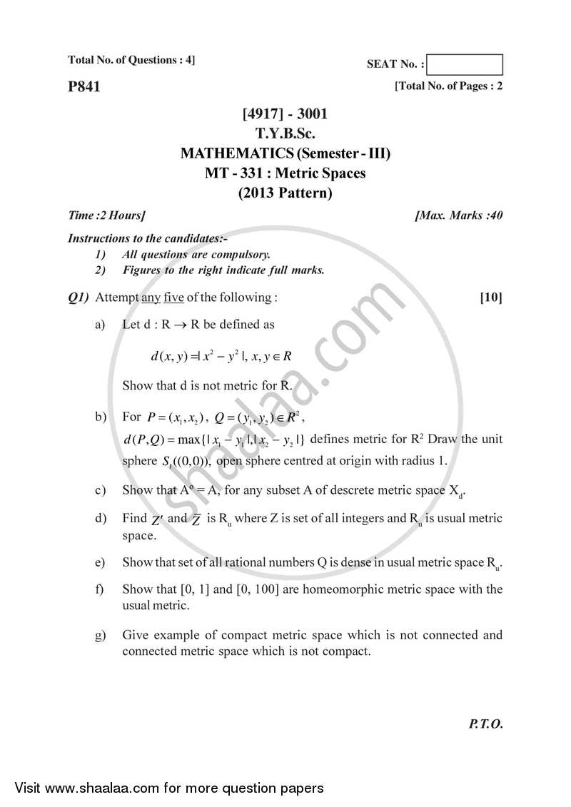 Metric Spaces 2015-2016 - B.Sc. - Semester 5 (TYBSc) - University of Pune question paper with PDF download