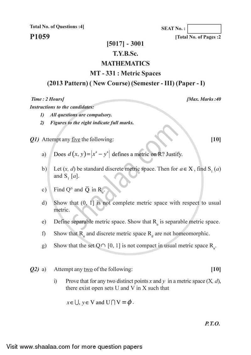 Metric Spaces 2016-2017 - B.Sc. - Semester 5 (TYBSc) - University of Pune question paper with PDF download