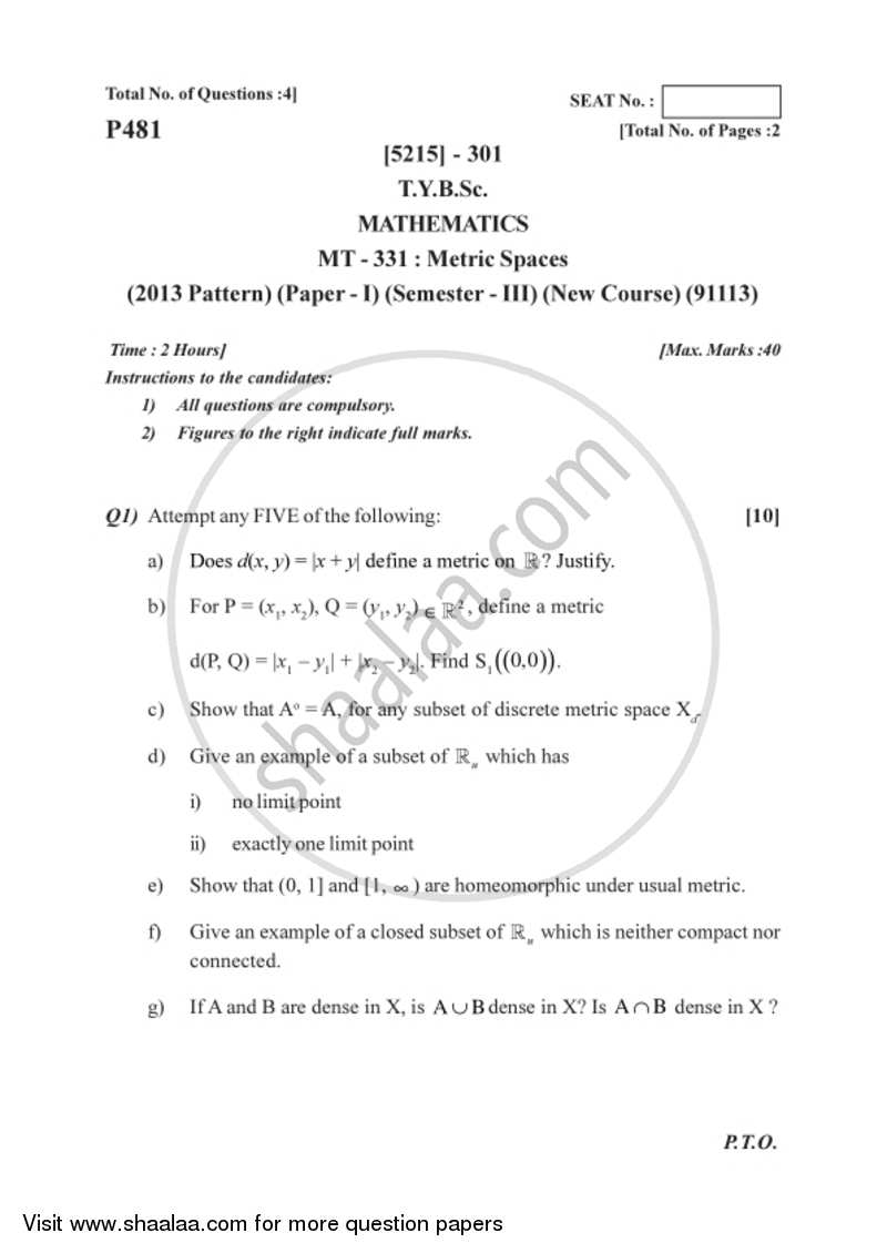 Metric Spaces 2017-2018 - B.Sc. - Semester 5 (TYBSc) - University of Pune question paper with PDF download