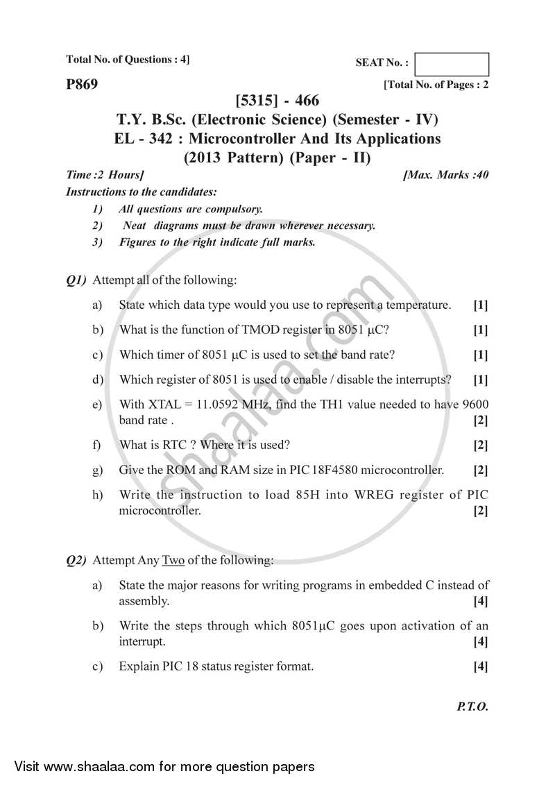Microcontroller and Its Applications 2017-2018 - B.Sc. - Semester 6 (TYBSc) - University of Pune question paper with PDF download