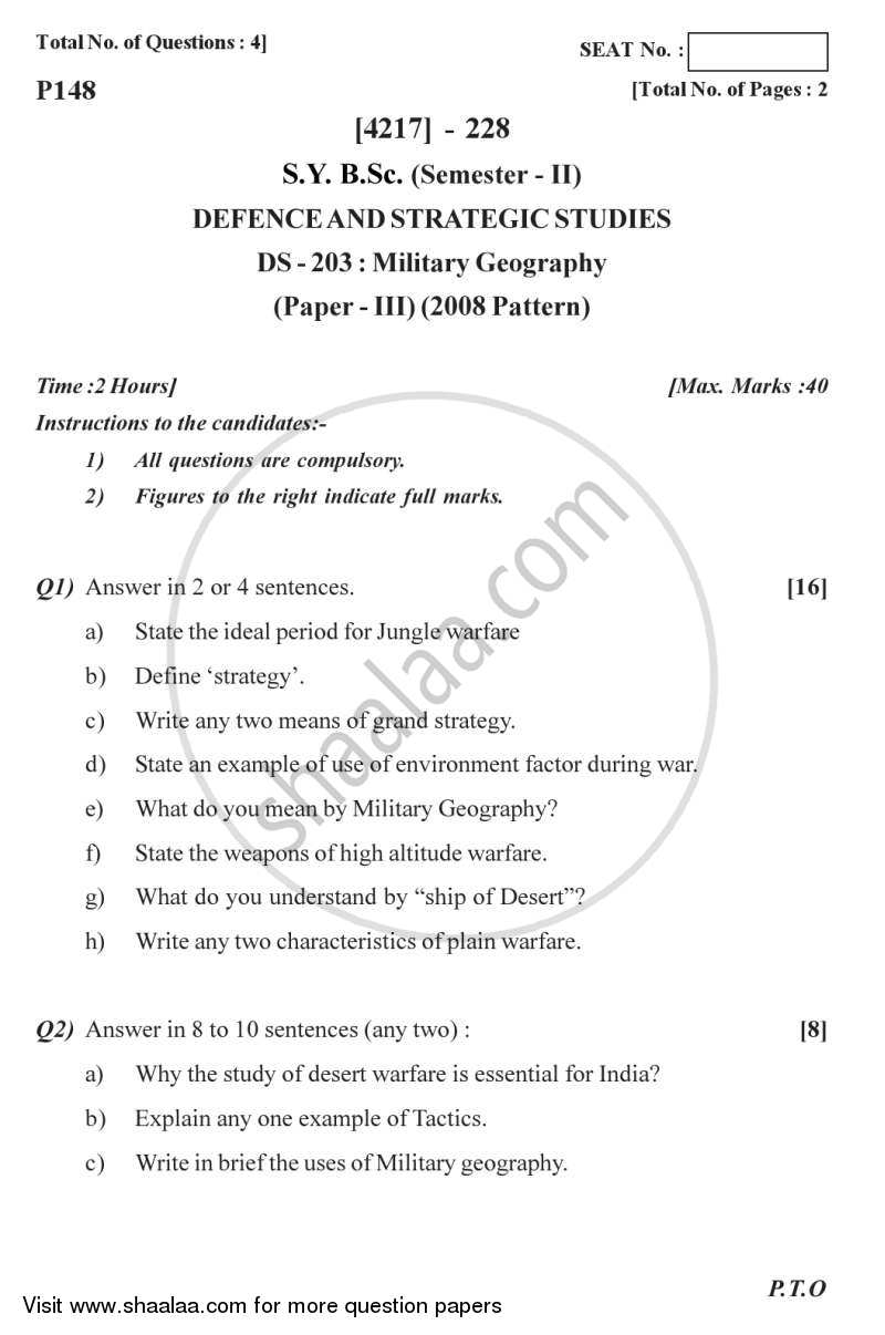 Military Geography 2012-2013 - B.Sc. - Semester 4 (SYBSc) - University of Pune question paper with PDF download