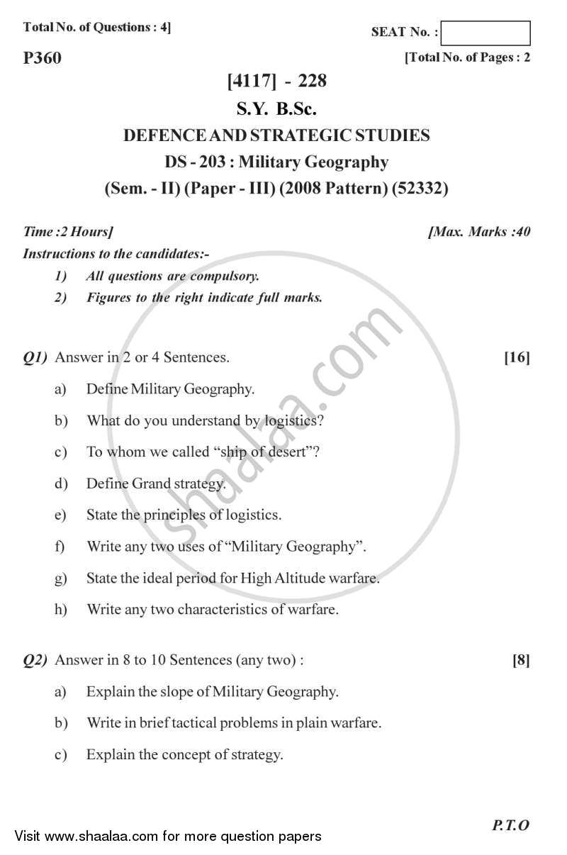 Military Geography 2012-2013 - B.Sc. - Semester 4 (SYBSc) - University of Pune question paper with PDF download