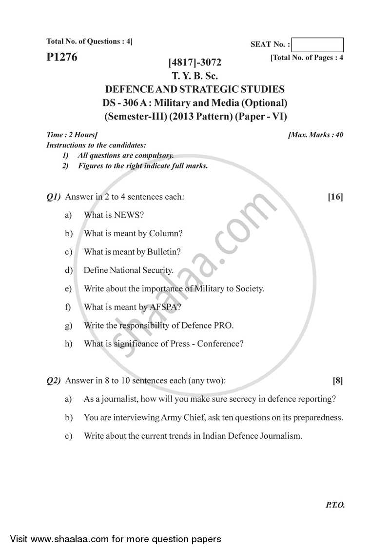 Military and Media 2015-2016 - B.Sc. - Semester 5 (TYBSc) - University of Pune question paper with PDF download