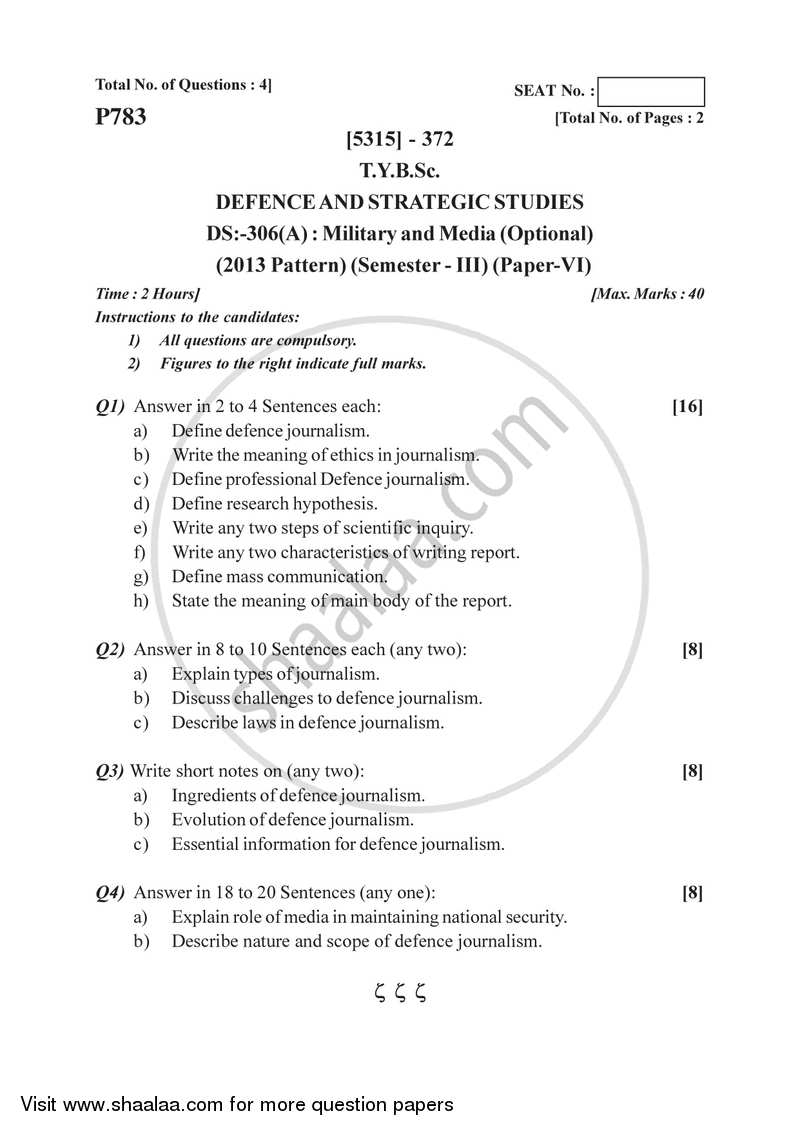 Military and Media 2017-2018 - B.Sc. - Semester 5 (TYBSc) - University of Pune question paper with PDF download