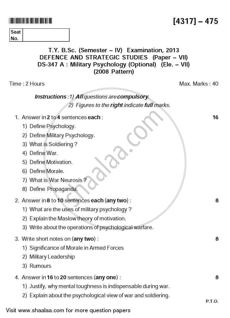 Military Psychology 2013-2014 - B.Sc. - Semester 6 (TYBSc) - University of Pune question paper with PDF download