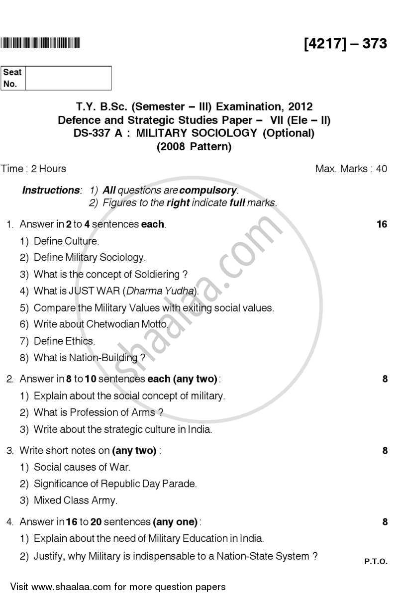 Military Sociology 2012-2013 - B.Sc. - Semester 5 (TYBSc) - University of Pune question paper with PDF download
