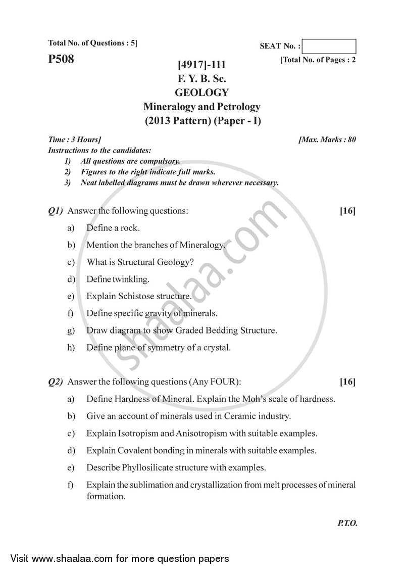 Mineralogy and Petrology 2015-2016 - B.Sc. - Semester 2 (FYBSc) - University of Pune question paper with PDF download
