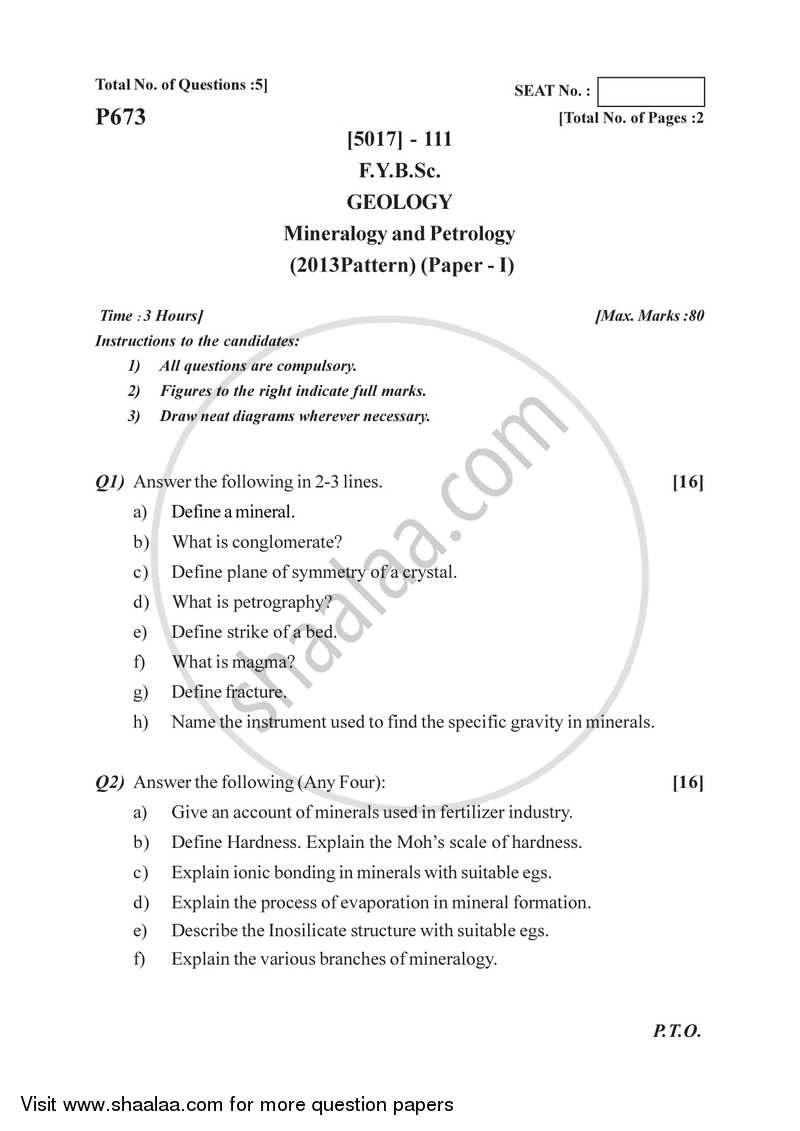 Mineralogy and Petrology 2016-2017 - B.Sc. - Semester 2 (FYBSc) - University of Pune question paper with PDF download