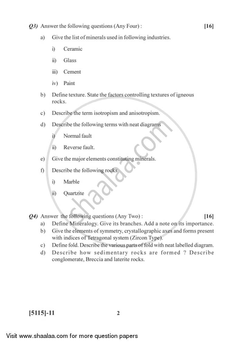 Mineralogy and Petrology 2016-2017 - B.Sc. - Semester 2 (FYBSc) - University of Pune question paper with PDF download