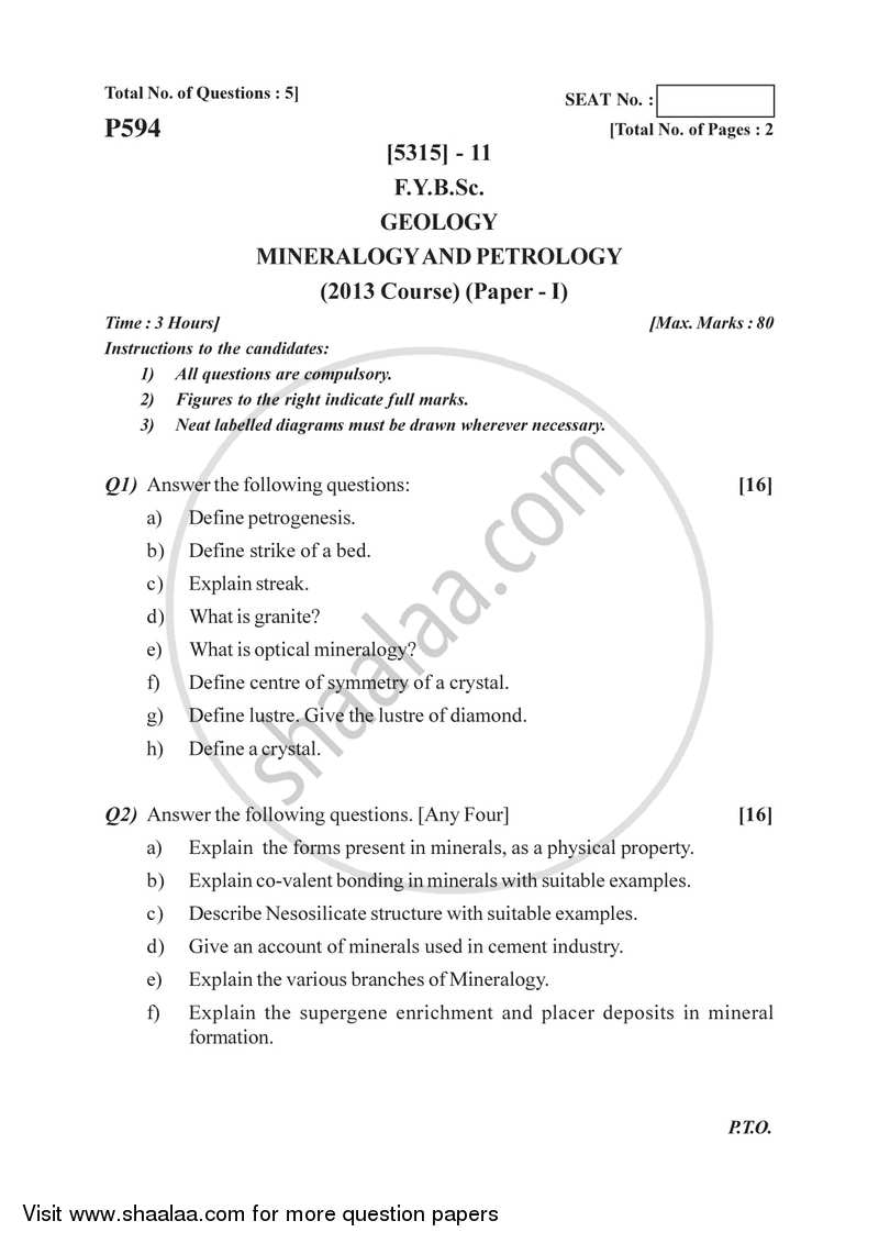 Mineralogy and Petrology 2017-2018 - B.Sc. - Semester 2 (FYBSc) - University of Pune question paper with PDF download