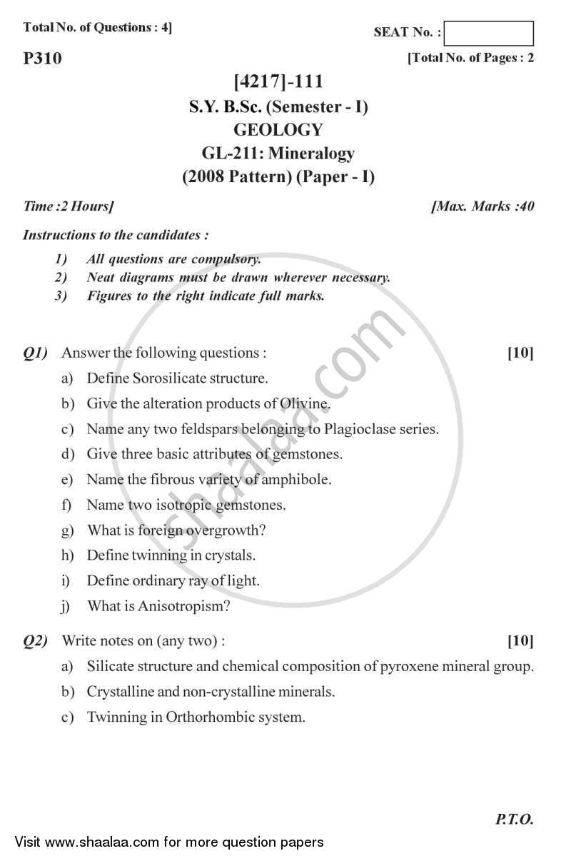Mineralogy 2012-2013 - B.Sc. - Semester 3 (SYBSc) - University of Pune question paper with PDF download