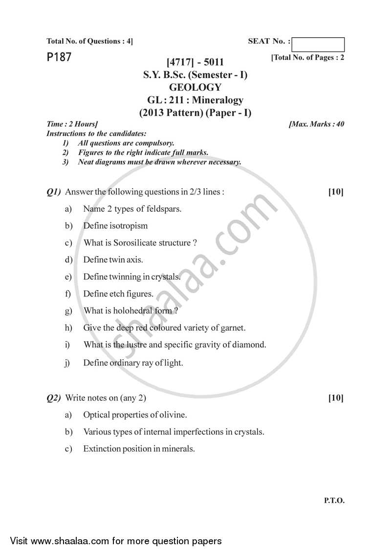 Mineralogy 2014-2015 - B.Sc. - Semester 3 (SYBSc) - University of Pune question paper with PDF download