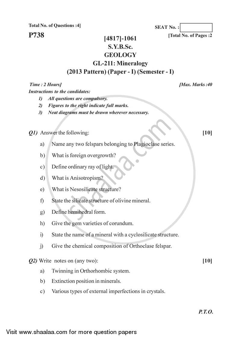 Mineralogy 2015-2016 - B.Sc. - Semester 3 (SYBSc) - University of Pune question paper with PDF download