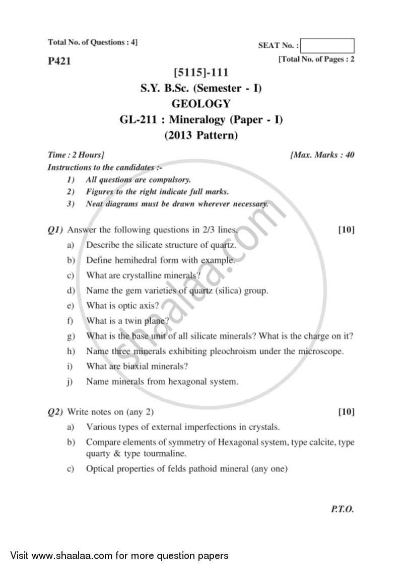 Mineralogy 2016-2017 - B.Sc. - Semester 3 (SYBSc) - University of Pune question paper with PDF download