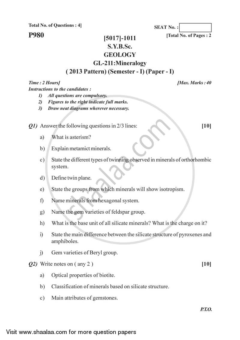 Mineralogy 2016-2017 - B.Sc. - Semester 3 (SYBSc) - University of Pune question paper with PDF download