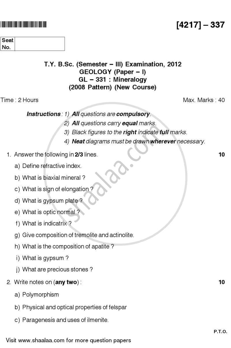 Mineralogy 2012-2013 - B.Sc. - Semester 5 (TYBSc) - University of Pune question paper with PDF download