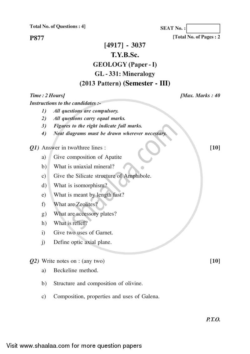 Mineralogy 2015-2016 - B.Sc. - Semester 5 (TYBSc) - University of Pune question paper with PDF download